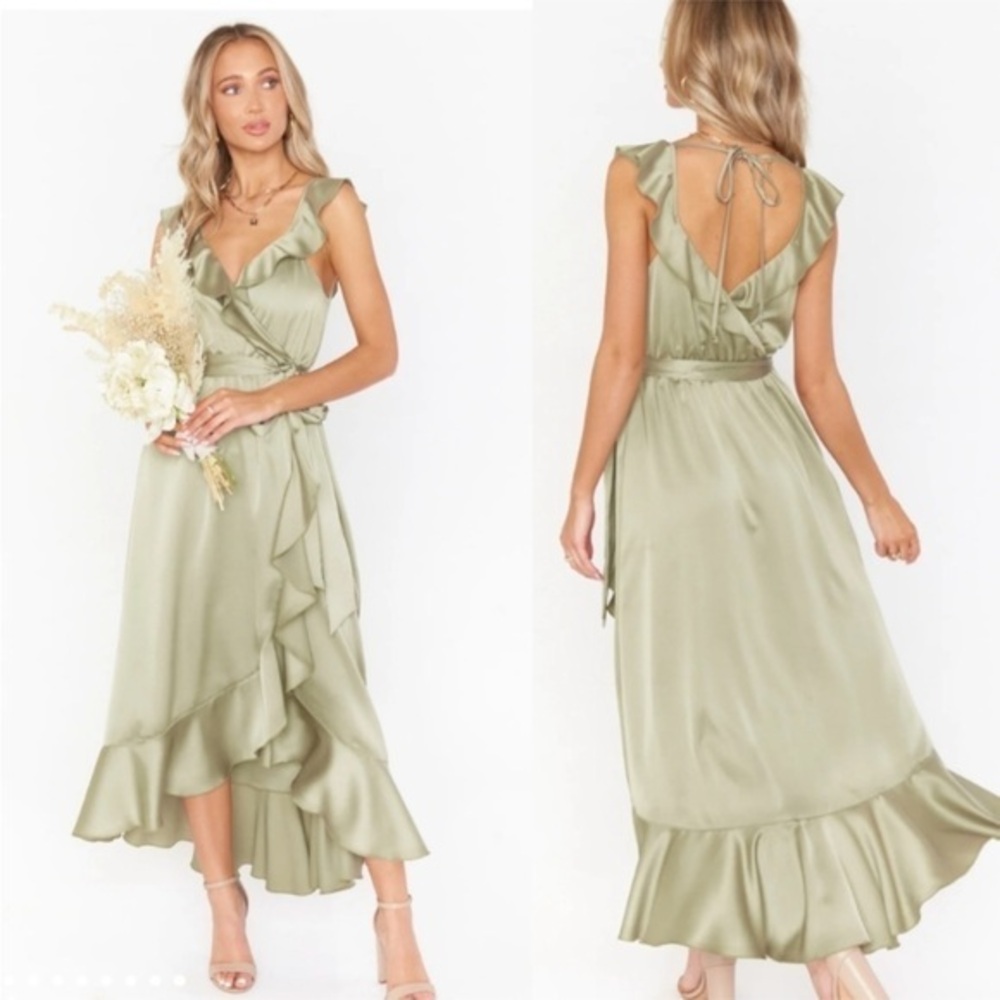 Show Me your Mumu Samantha Ruffle Wrap Satin Dress Moss Green NWT Size Small